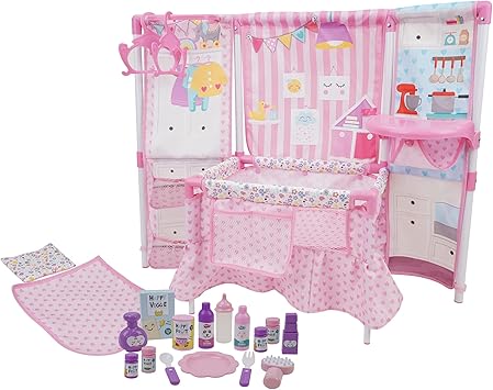 509 Crew BnB Pink Doll Furniture Set - 14 '' Baby Doll ، مدمج في كرسي مرتفع و Play Yard ، الملحقات ، Kids Pretend Sleep Play Set Ages 3 + ( T797025 )   