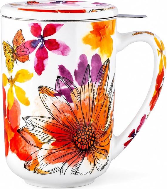 GBHOME الشاي القدح مع Infuser وغطاء، 18 أونصة كبيرة السيراميك ورقة كأس فضفاضة، الميكروويف، غسالة صحون آمنة، مثالية لعشاق الشاي