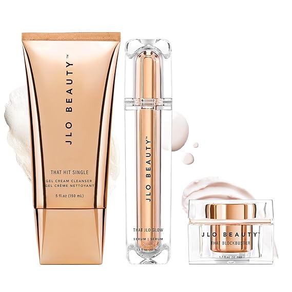 JLO BEAUTY Skin Care Set, 3-Step Daily Routine with Gel Cream Cleanser, Facial Serum & Face Moisturizer, Hydrating & Firming Skincare Set for Smoother, Glowing Skin, 3 Piece Kit