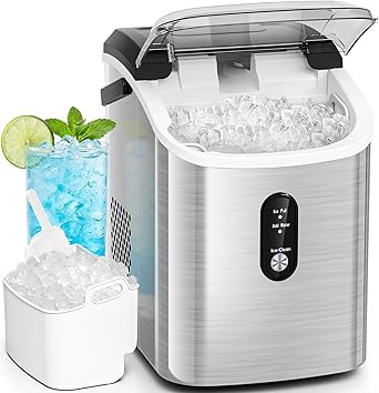 Antarctic Star Nugget Ice Makers Countertop with Handle, 35lbs/Day, Portable Sonic Ice Machine with Auto-Cleaning, Basket and Scoop for Home/Kitchen/Office/Camping(Stainless Steel Silver)