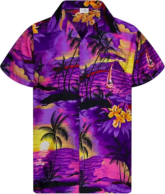 KING KAMEHA Funky Casual Hawaiian Shirt for Kids Boys and Girls Front Pocket Shortsleeve Unisex Pineapple Flowers Print