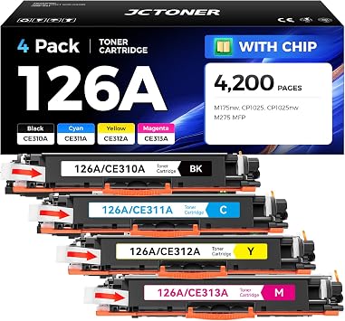 126A Toner Cartridge Set 4-Pack High Yield Replacement for HP 126A CE310A CE311A CE312A CE313A Compatible with HP LaserJet Pro 100 color MFP M175nw CP1025 CP1025nw TopShot M275 Printer Ink Black Copy