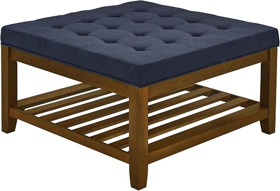 Stylish and Functional Upholstered Coffee Table Ottoman - Large Square Design with Beech Wood Shelf, Tufted Linen Fabric and Stability (Navy Blue)