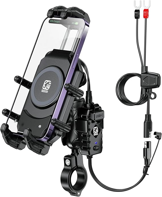 BRCOVAN Motorcycle Phone Mount with Qi Wireless & USB-C Charger | Qi 15W & PD 30W, Anti-Theft Handlebar Cellphone Holder with Vibration Dampener, Adjustable for 5.4-7.2'' Smartphone
