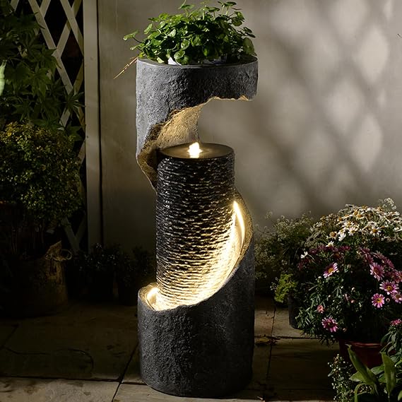 Tankana 35.5" H Water Fountain with Planter, Modern Spiral Waterfall for Outdoor and Indoor, Bubbling Garden Fountain with LED Light for Patio, Deck, and Living Room Corner