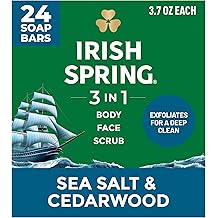Irish Spring 3-in-1 Mens Bar Soap Sea Salt & Cedarwood, Exfoliating Deep Clean Body Soap Bar and Face Cleanser, 3.7 oz Soap Bars, 24 Pack