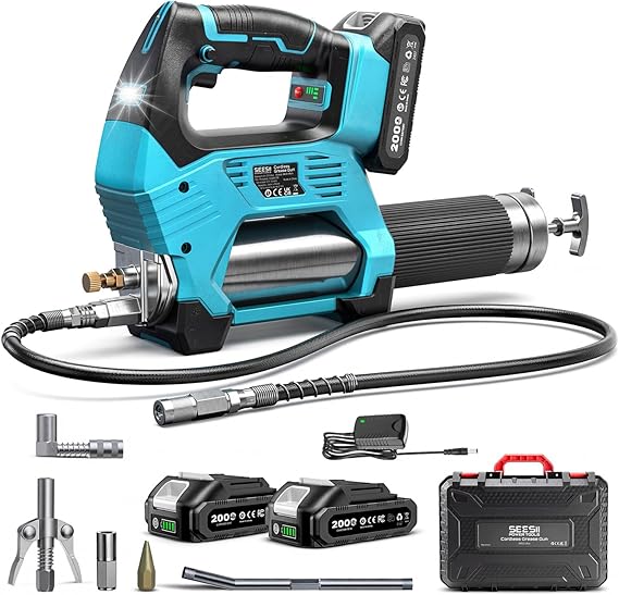 Seesii 12000PSI Electric Grease Gun: 3 Speed Control Battery Powered Grease Gun Cordless with 2 Batteries, Brushless Motor, 39.4 Long Hose, 90 Degree Coupler & LED Light for Heavy Duty Equipment