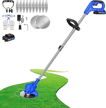 Electric Cordless Weed Wacker, Li-Ion 21 V 15.5cm Cutting Width 10000 RPM Rotating and Tilting Motor Head Adjustable Handle(36"-50") and Telescopic Shaft with 2X Batteries & Charger