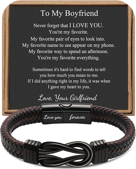 Knot Bracelet Gifts for Men Fathers Day Anniversary Birthday Gifts for Men Brown Braided Leather Stainless Steel Infinity Bracelets Lettering Love You Forever Always Linked Together Bracelet