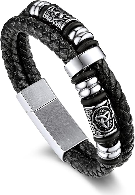 Bandmax Men's Black Double Wax Rope Bracelet Waterproof Stainless Steel Norse Style Celtic Knot Beads Wristband 7-9 Inch Gift for Men Father Husband Son Grandson