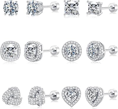 M MOOHAM 6 Pairs Hypoallergenic Flat Back Stud Earrings Set for Women - 14k Gold Plated Silver Studs CZ Earrings for Women Men Trendy Non Tarnish Earring Stack for Sensitive Ears Jewelry Gifts