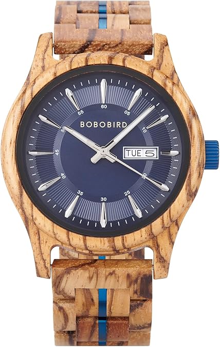 BOBO BIRD Men's Wooden Watch with Quartz Movement Week Date Display Wood Watches 44mm Case for Men
