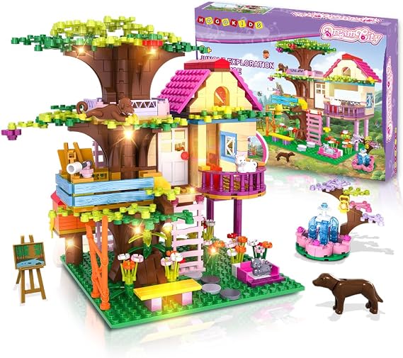 مجموعة بناء HOGOKIDS Tree House Friends مع ضوء LED - مجموعة ألعاب بناء غابة Girl House، هدايا عيد ميلاد عيد الحب للأطفال الفتيات الأولاد الذين تتراوح أعمارهم بين 6-12+ سنة