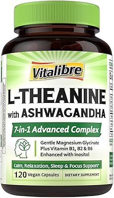 L Theanine Supplement 200mg | 7 in 1 L-Theanine with Magnesium Glycinate, Ashwagandha, Inositol, Vitamin B1 B2 B6 | No Gluten, for Calm, Relaxation, Sleep & Focus Support, 120 Vegan Caps