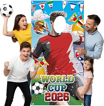 World Cup Photo Banner 71x35 Inches 2026 Soccer Player Cutout Backdrop with Face Hole for FIFA World Cup Soccer Party Decorations Soccer Photo Booth Props World Cup Gift Soccer Party Backdrop red