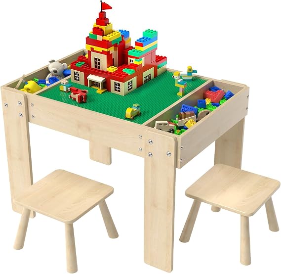 Building Blocks Table with Storage for Kids, Wooden Table Fits Lego Bricks for Toddlers Ages 3+, Kids Activity Play Desk with 2 Chairs, 31.29''X 22.44''X 19.69''