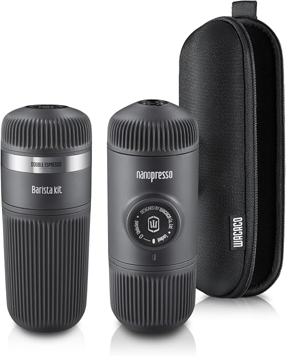 مجموعة أدوات WACACO Nanopresso Barista - ماكينة صنع الإسبريسو المحمولة مع خزان مياه كبير وحلقة محول وعلبة على شكل حرف L واقية