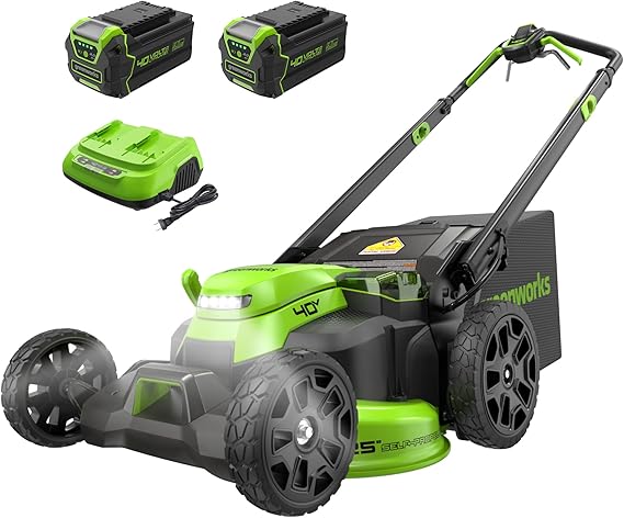 Greenworks 40V 25 "بدون فرش لاسلكي ( جزازة العشب ) جزازة العشب ( 75 + الأدوات المتوافقة ) ، ( 2 ) 4.0Ah البطاريات والشاحن السريع ثنائي المنفذ   