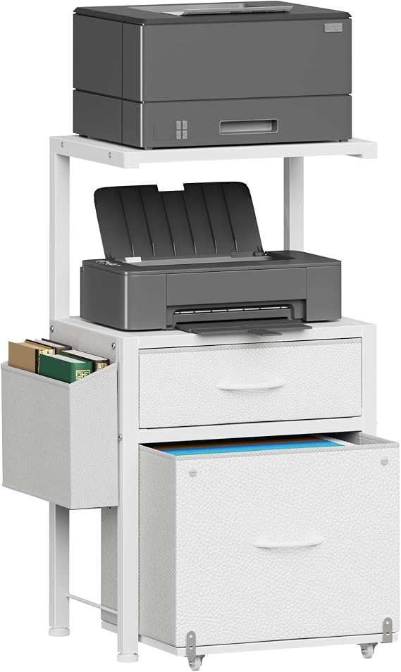 HIGDBFE File Cabinet with 2-Tier Shelf, Letter Size Drawer Filing Cabinet with Reversible Side Bag, Vertical Office Cabinet Printer Stand with Storage for Home Office, White, 16.5" W