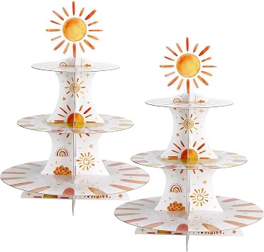 Tioncy 2 Set 3 Tier First Triparound The Sun Cardboard Cupcake Stand لـ 24 Sunshine Cupcake Tier Stand Dessert Tower Holder لحفلة عيد الميلاد Baby Shower Decoration