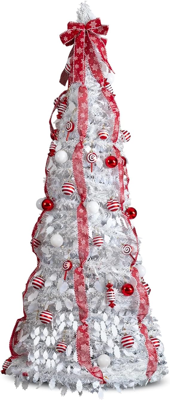 Karl home 6FT Fully Decorated Pre-lit Christmas Tree, Pop Up Artificial Xmas Tree with 100 Warm Lights and Red Ornaments for Home Office Store Holiday Deco, White