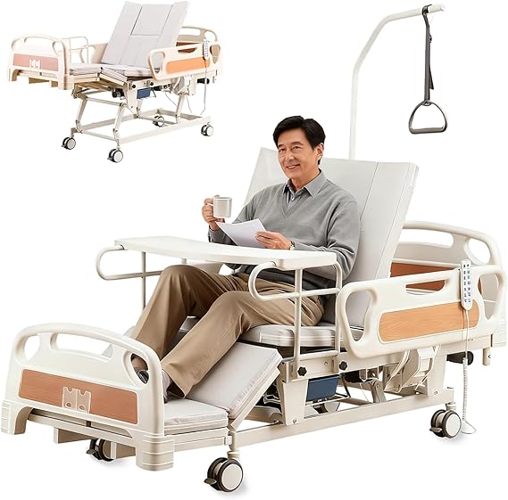 Full Electric Hospital Bed for Home Use with Height Adjustment, 10-Function Medical Bed with Mattress, ABS Guardrails, Bedpan, 5" Locking Casters, IV Pole, 550lbs Loading, 18"29" Height Range