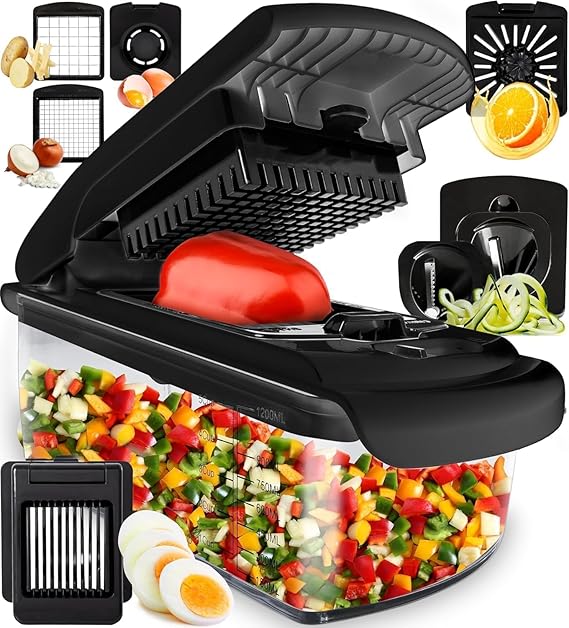 Fullstar Vegetable Chopper & Mandoline Slicer for Kitchen - Food Chopper with Container, Cheese Grater, Home Essentials & Kitchen Gadgets (7 in 1, Black)
