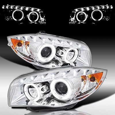Autozensation Compatible with 2008-2013 BMW E81 E82 E88, Left  Right Pair Headlamps Assembly, Chrome Housing Clear Lens Headlights