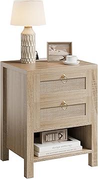 Rattan Night Stand with Drawers - Boho Nightstand with Charging Station, Bedside Table with Storage Shelf, Accent Side Table End Tables Living Room, Wood Nightstands for Bedroom, Light Wood
