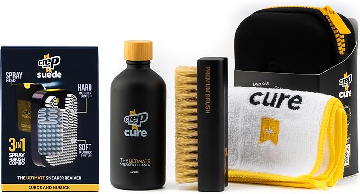 Crep Protect Suede Reviver Cure منظف الأحذية - حل منظف للأحذية الرياضية مع فرشاة تنظيف الأحذية وقماش تنظيف من الألياف الدقيقة للأحذية والأحذية الرياضية والجلود والنوبوك والجلد المدبوغ والقماش