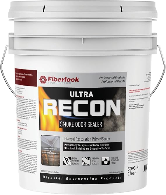 ULTRA RECON Premium Smoke Odor Sealer ، Clear ، 5 Gallons ، يغلف Malodors على الأسطح الإنشائية ويحجب البقع الأصعب ، وهو مثالي لمشاريع استعادة أضرار الحريق