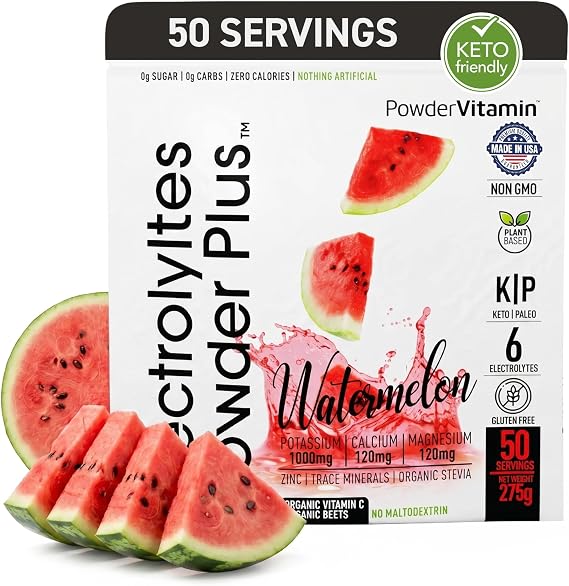 PowderVitamin Electrolytes Powder Plus, Sugar Free Hydration Powder 1000mg Potassium, 120mg Magnesium, 120mg Calcium, Himalayan Salt, Vitamin C & Zinc, USA Made, 275g, 50 Servings, Watermelon Flavor