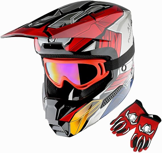 1Storm Youth Motocross Helmet ATV BMX MX Dirt Bike Go Kart Skate Kids Helmet Multi Sports Teenager Zaku Mecha Red + Goggles + Gloves Bundle