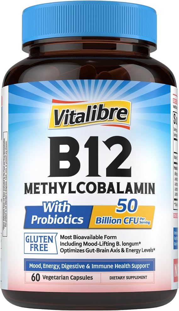 Vitalibre B12, 5000 mcg Methylcobalamin, with Probiotics 50 Billion CFU, 10 Strains, Mood, Energy, Digestive, Immune Health Support, Non-GMO, 60 Vegetarian Capsules