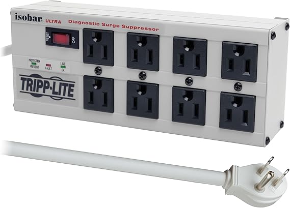واقي من زيادة التيار الكهربائي لشريط الطاقة عالي التحمل Tripp Lite ISOBAR8ULTRA Isobar 8 Outlet، 3840 جول، سلك بطول 12 قدمًا، قابس مسطح، شريط طاقة معدني، مقعد ورشة عمل المرآب الصناعي، تحت المكتب وقابل للتركيب على الحائط