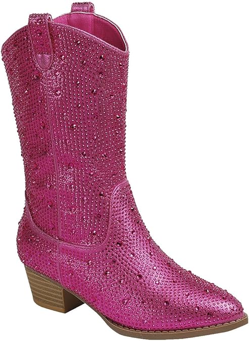 Forever GirlsKids Rhinestone Western Cowgirl Cowboy Pointed Toe Low Heel Boots River-11K Fuchsia 9