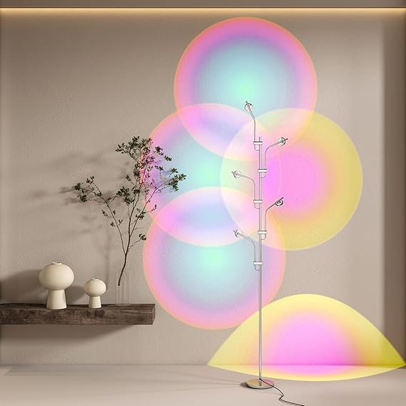 مصباح أرضي TACAHE RGBW Halo - 4000K LED مع فلاتر ألوان قابلة للاستبدال - ضوء الظل والظل - إضاءة ديكور متعددة الرؤوس لغرفة النوم ، غرفة المعيشة - 73 & quot; - 12 وات - كروم