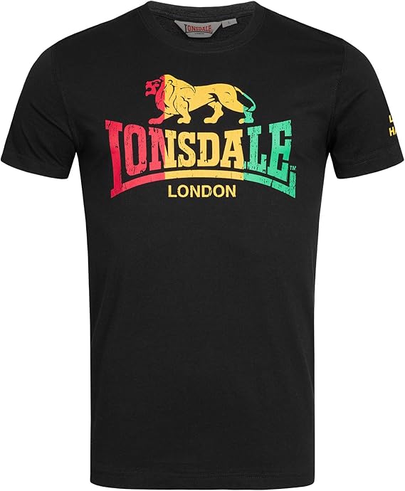 تي شيرت أسود من Spirit of England Lonsdale Mens مع شعار Reggae Lion متعدد الألوان ومناسب بشكل منتظم