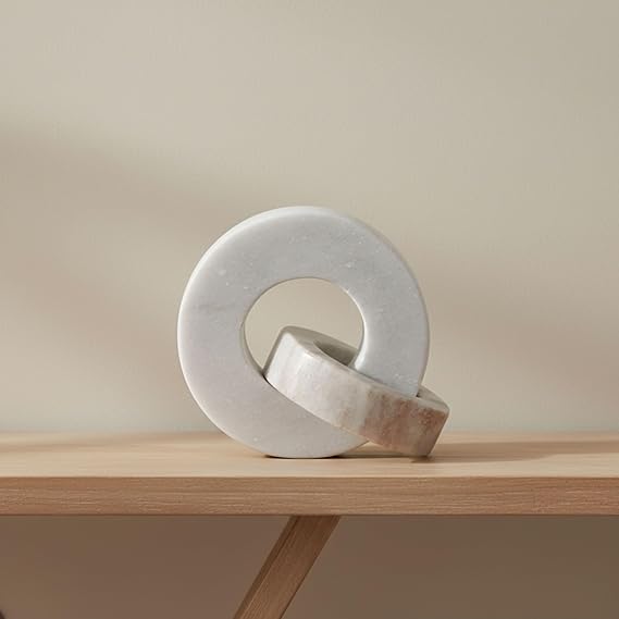 Home Decor and Bathroom Decor Marble Double Ring - Modern Shelf Sculpture and Office Accents for Room Styling - Coffee Table Ornaments and Living Room Decor Statues Design - 6", White & Beige