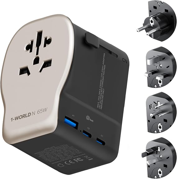 MOMAX Universal Travel Adapter with Separate Grounding Prong, GaN 65W International Power Adapter, Worldwide Plug Adapter for US/UK/EU/AU and 200+ Countries, PD Fast Charger(AC1 & DC3), Gold