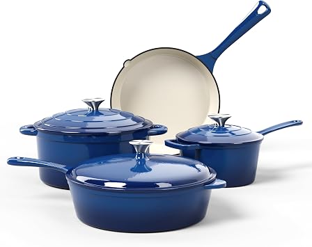 Kitchen Academy Enameled Cast Iron Cookware Sets - 7Pcs Pots and Pans Set Non Toxic, Induction Cooking Pots Set, PFOA&PFAS Free(Beige)