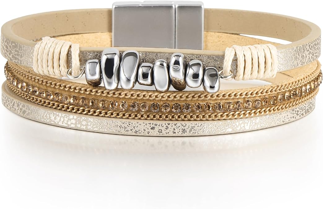 Edoneery Leather Wrap Bracelet for Women, Boho Handmade Multi-Layer Cuff with Crystal Beads Heart, Stackable Bangle Western Jewelry Gift