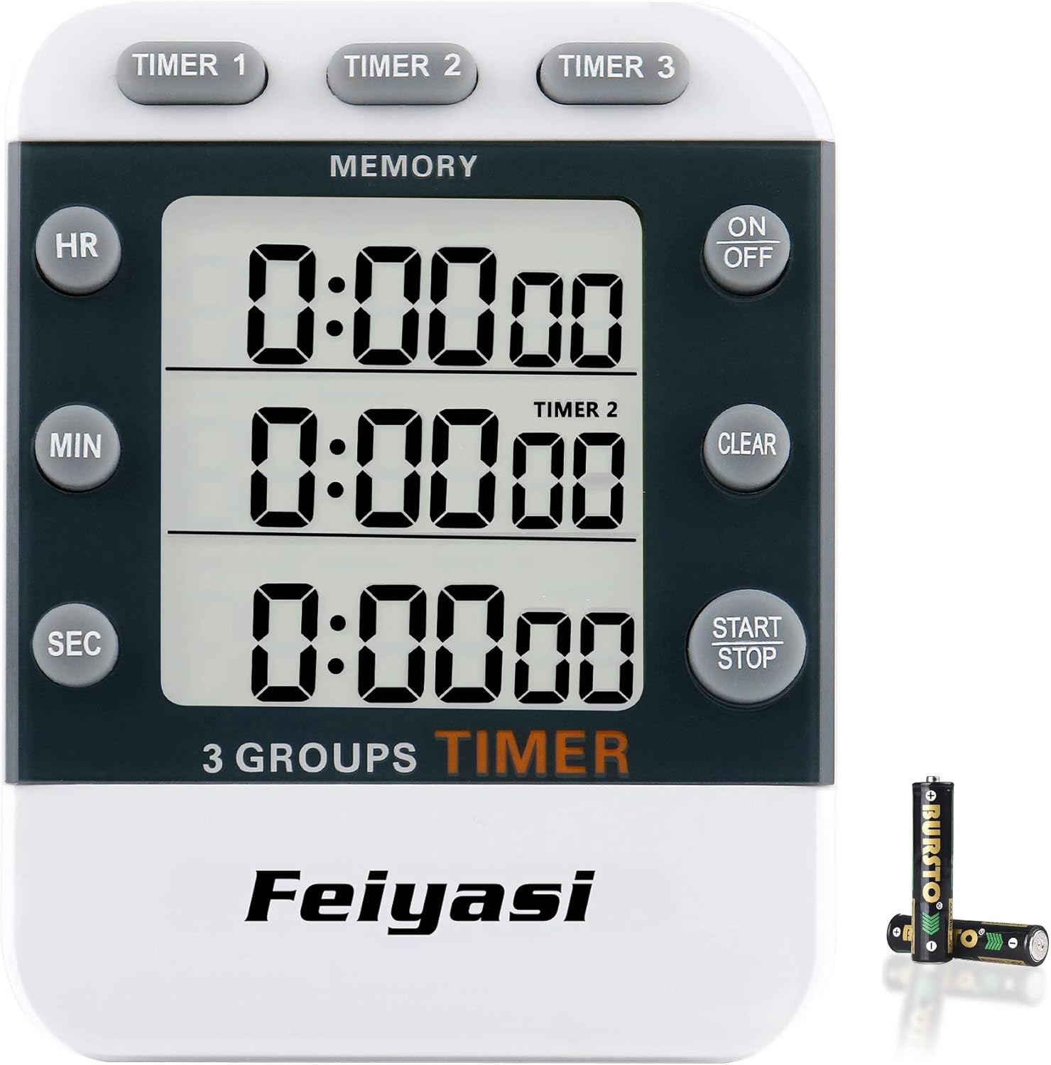 Kitchen Timer, Digital Kitchen Timers, Cooking Timer, 3 Channels Count UP＆ Down Timer, with Loud Alarm for Classroom, Bathroom, Teachers, Kids - 2 AAA Battery Included white-F382