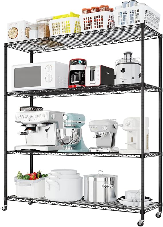 Karl home 4-Tier Storage Shelving with 2" Wheels, Adjustable Metal Shelves Wire Storage Rack for Garage Kitchen Basement,800LBS Capacity 64.96" H X 46.06" W X 17.7" D,Black
