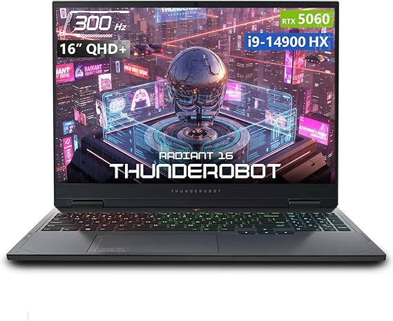 Thunderobot Radiant 16 Gaming Laptop, 16" QHD+ 300Hz 2.5K Display, Core i9-14900HX, RTX 5060, 16GB DDR5, 1TB SSD, RGB Keyboard, Wi-Fi 6, Win 11 Home, Black