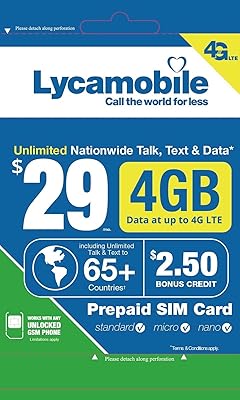 Lycamobile $ 29 خطة الشهر الأول متضمنة بطاقة SIM هي Triple Cut Unlimited Natl Talk & amp؛ نص إلى الولايات المتحدة و 65 دولة 4 جيجابايت من 4G LTE