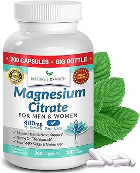 Magnesium Citrate Supplement for Sleep, Relaxation & Muscle Support 400mg High Absorption Magnesium Capsules for Women & Men Vegan, Non-GMO, Easy to Swallow Small Capsules 200 Capsules