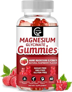 Magnesium Glycinate Gummies 400mg, Mg Potassium Supplement with Chelated Magnesium Malate Complex, Vitamin D, B6, and CoQ10, Supports for Memory, Calm, Mood & Sleep - 60 Count (Pack of 1)