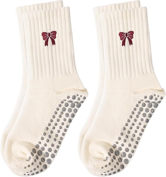Pilates Yoga Grip Socks for Women, Bow-Patterned Ruffled Crew Socks Ideal for Fitness, Ballet Bar Work&Dance