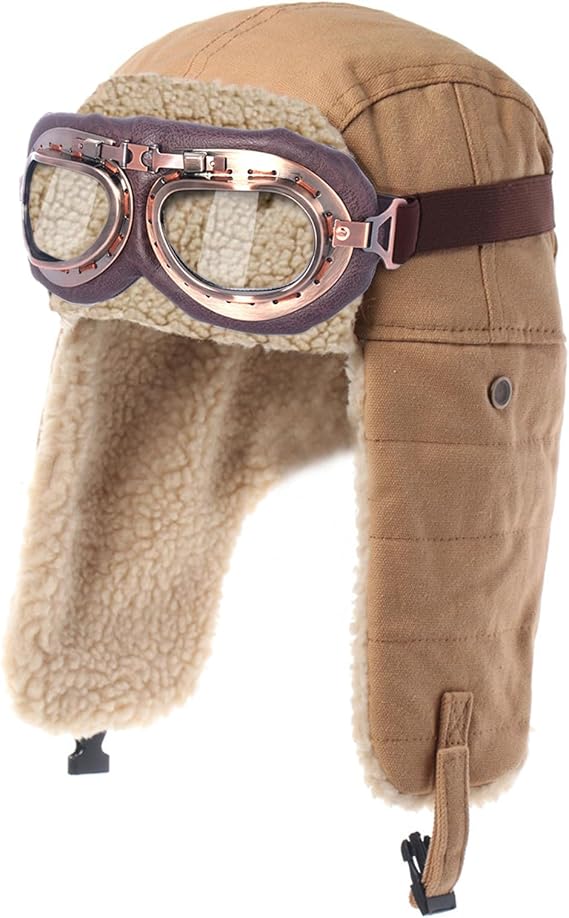 Aviator Hat with Goggles Adult Vintage Pilot Hat Costume Winter Bomber Hat Fur Ear Flaps Trapper Hat Men Women